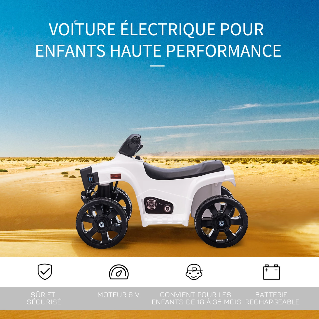 De gros 👍 Homcom Voiture 4x4 Quad Buggy Électrique Enfant 18-36 Mois 6 V 3 Km/h Max. Effet Lumineux Sonores Métal Pp Blanc Noir 🔥 – Image 5