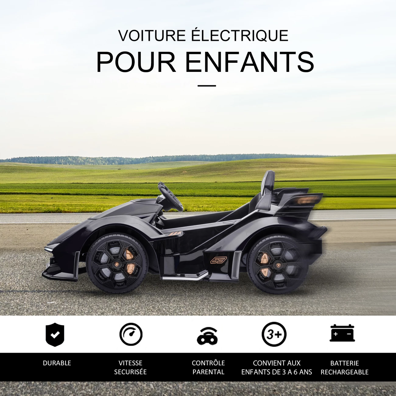 Offres ⭐ Homcom Voiture Électrique Enfants De Sport Hypercar Lambo 12 V - V. Max. 5 Km/h Effets Sonores Et Lumineux Télécommande Noir 🔔 – Image 5