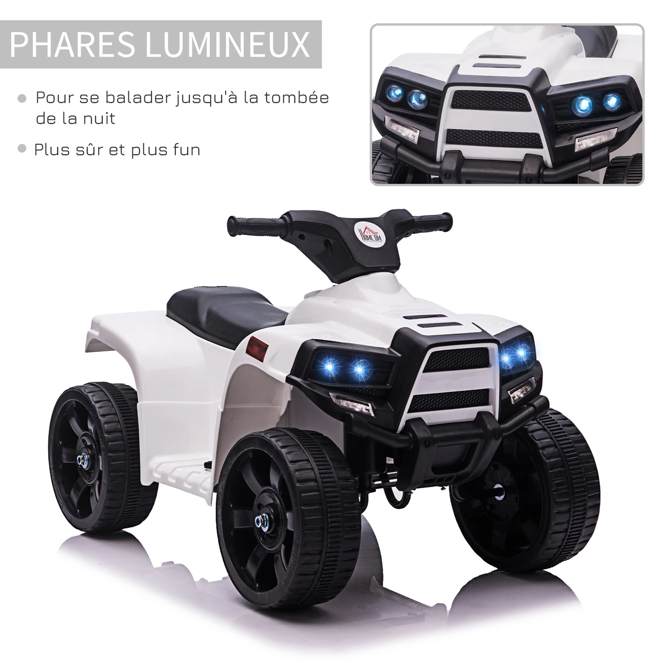De gros 👍 Homcom Voiture 4x4 Quad Buggy Électrique Enfant 18-36 Mois 6 V 3 Km/h Max. Effet Lumineux Sonores Métal Pp Blanc Noir 🔥 – Image 4